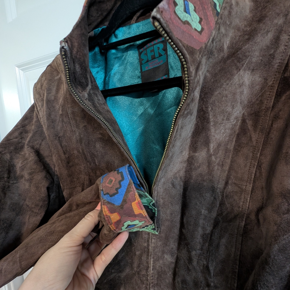 Brown Suede Leather Jacket With Patterned Collar - image 5